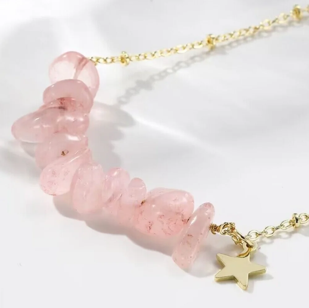 NEW! Beautiful Pink Rose Quartz Chips Gold Necklace - Picture 3 of 3